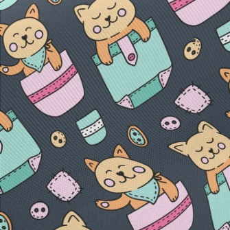 Kawaii Pocket Cat Midweight Cotton Poplin