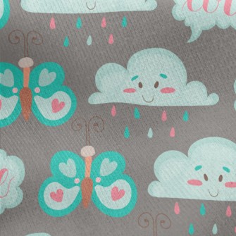 Cartoon Butterflies And Clouds Jersey Backed Fleece