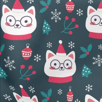 Christmas Cat Wearing Glasses Lightweight Cotton Poplin