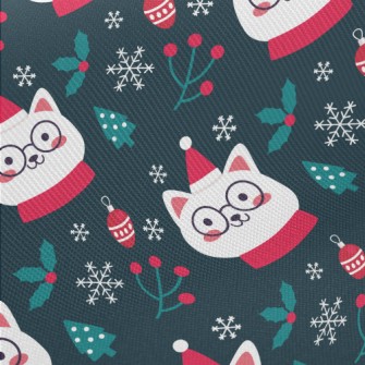 Christmas Cat Wearing Glasses Midweight Cotton Poplin