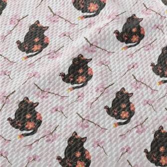 Black Cat With Cherry Blossom  Birdseye Piqué