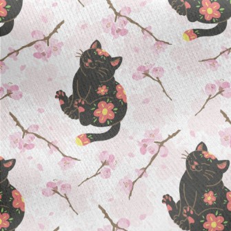 Black Cat With Cherry Blossom  Jersey Backed Fleece