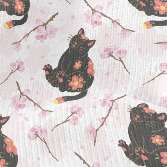 Black Cat With Cherry Blossom  Stretch Jersey
