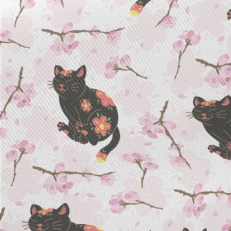 Black Cat With Cherry Blossom  Midweight Cotton Poplin