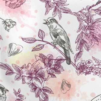 Watercolor Flowers And Birds Lightweight Cotton Poplin