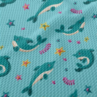 Cartoon Dolphin And Starfish Birdseye Piqué