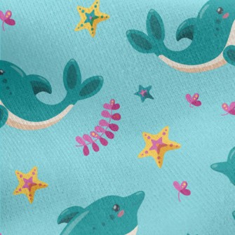 Cartoon Dolphin And Starfish Jersey Backed Fleece