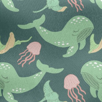Green Whale Pink Jellyfish Jersey Backed Fleece