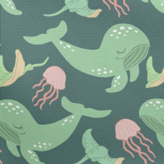 Green Whale Pink Jellyfish Pongee