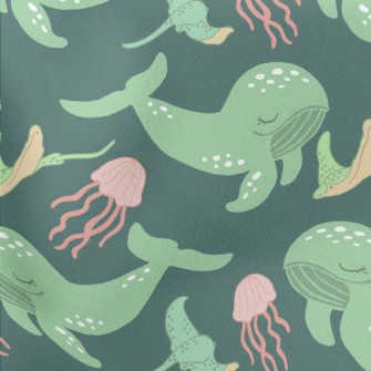 Green Whale Pink Jellyfish Lightweight Cotton Poplin