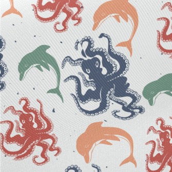 Colorful Octopus And Dolphin Midweight Cotton Poplin