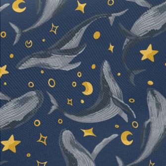Hand Drawn Blue Whale With Sta Midweight Cotton Poplin