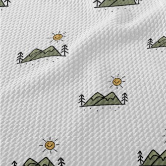 Hand Drawn Mountains And Sun Birdseye Piqué
