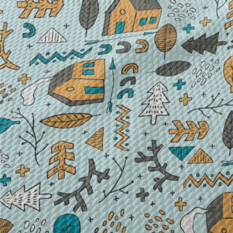 Hand Drawn Forest Cabin Birdseye Piqué
