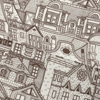 Hand Drawn Village Buildings Waterproof Oxford