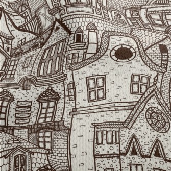 Hand Drawn Village Buildings Athletic Mesh Flat Back