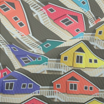 Colorful Cartoon Houses Piqué