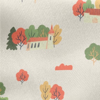 Hand Drawn Autumn Town Jersey Backed Fleece