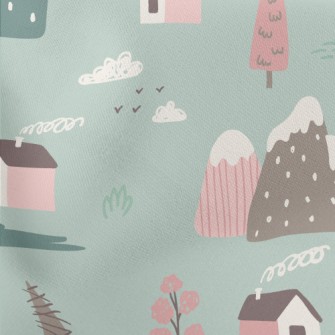 Hand Drawn Country Cottage Lightweight Cotton Poplin