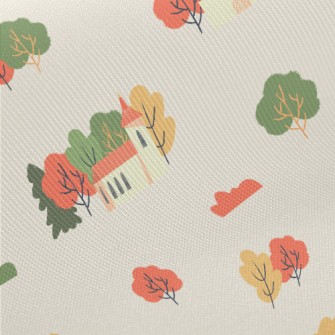 Hand Drawn Autumn Town Midweight Cotton Poplin