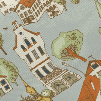 Hand Drawn Beautiful Town Midweight Cotton Poplin