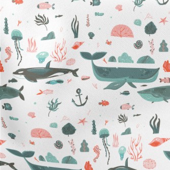 Hand Drawn Beautiful Ocean Lightweight Cotton Poplin