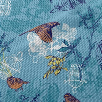 Hand Drawn Sparrow And Cage Birdseye Piqué