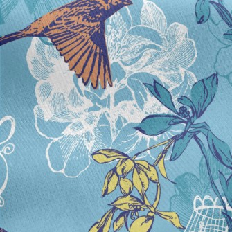 Hand Drawn Sparrow And Cage Jersey Backed Fleece