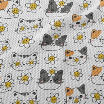 Smiley Cat With Flowers Birdseye Piqué