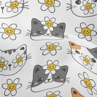 Smiley Cat With Flowers Lightweight Performance Linen