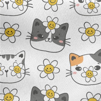 Smiley Cat With Flowers Jersey Backed Fleece