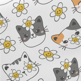 Smiley Cat With Flowers Midweight Cotton Poplin
