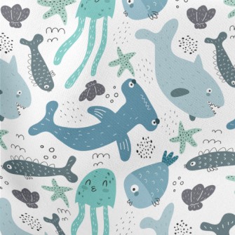 Cute Marine Life For Kids Lightweight Cotton Poplin