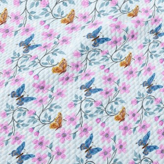 Pink Flowers And Butterflies Birdseye Piqué