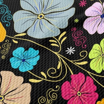 Colored Flowers On Black Backg Birdseye Piqué