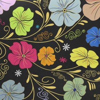 Colored Flowers On Black Backg Twill