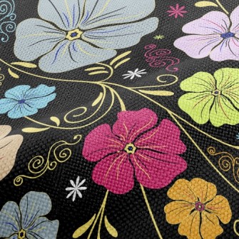 Colored Flowers On Black Backg Performance Linen