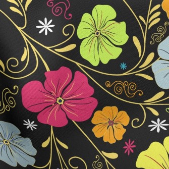 Colored Flowers On Black Backg Stretch Ponte
