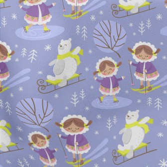 Ski Girl And Bear Lightweight Cotton Poplin