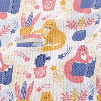 Spectacled Cat Admiring Flower Birdseye Piqué