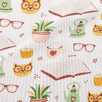 Spectacled Cat Reading A Book Birdseye Piqué