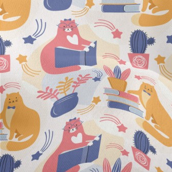 Spectacled Cat Admiring Flower Lightweight Performance Linen