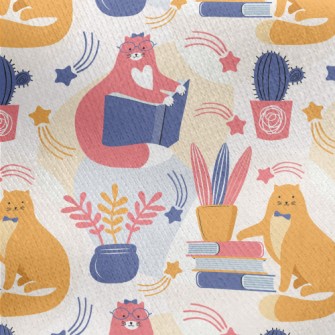 Spectacled Cat Admiring Flower Jersey Backed Fleece