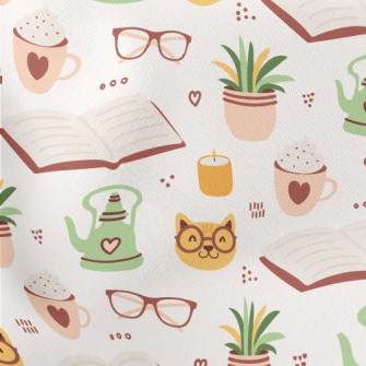 Spectacled Cat Reading A Book Lightweight Cotton Poplin