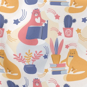 Spectacled Cat Admiring Flower Lightweight Cotton Poplin