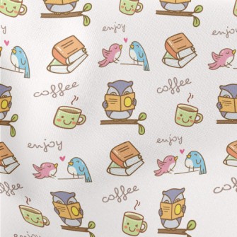 Bird Enjoying Coffee Time Lightweight Cotton Poplin