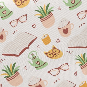 Spectacled Cat Reading A Book Midweight Cotton Poplin