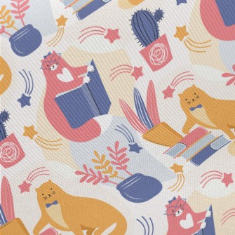 Spectacled Cat Admiring Flower Midweight Cotton Poplin