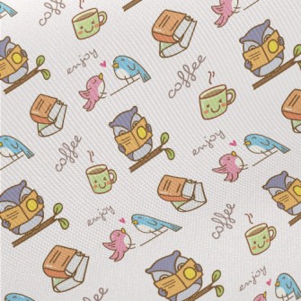 Bird Enjoying Coffee Time Midweight Cotton Poplin