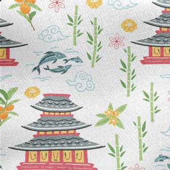 Japanese Pagoda Elements Jersey Backed Fleece